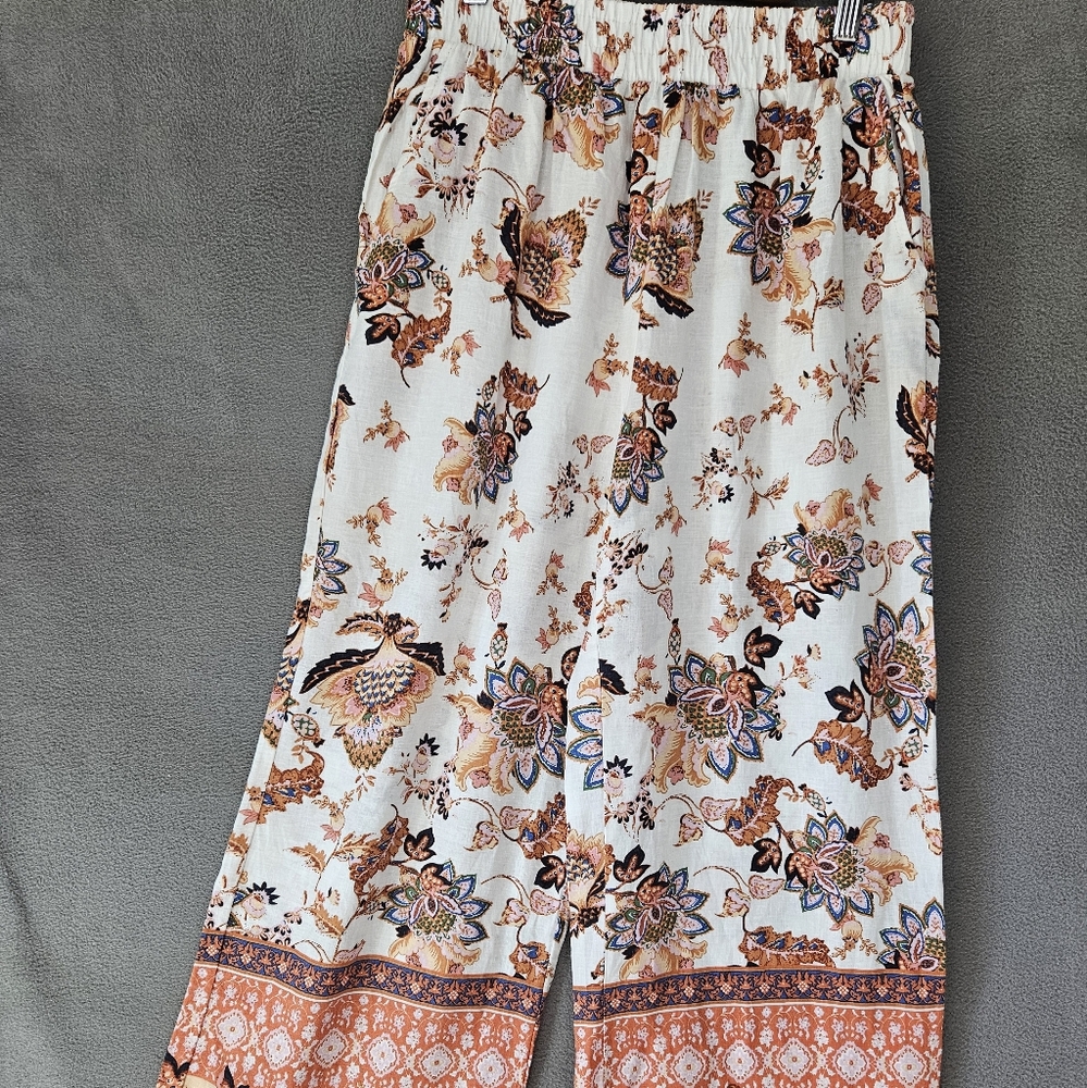 Rachel Roy Womens Medium Boho Linen Blend Pants Wide Leg Colorful Floral Pullup